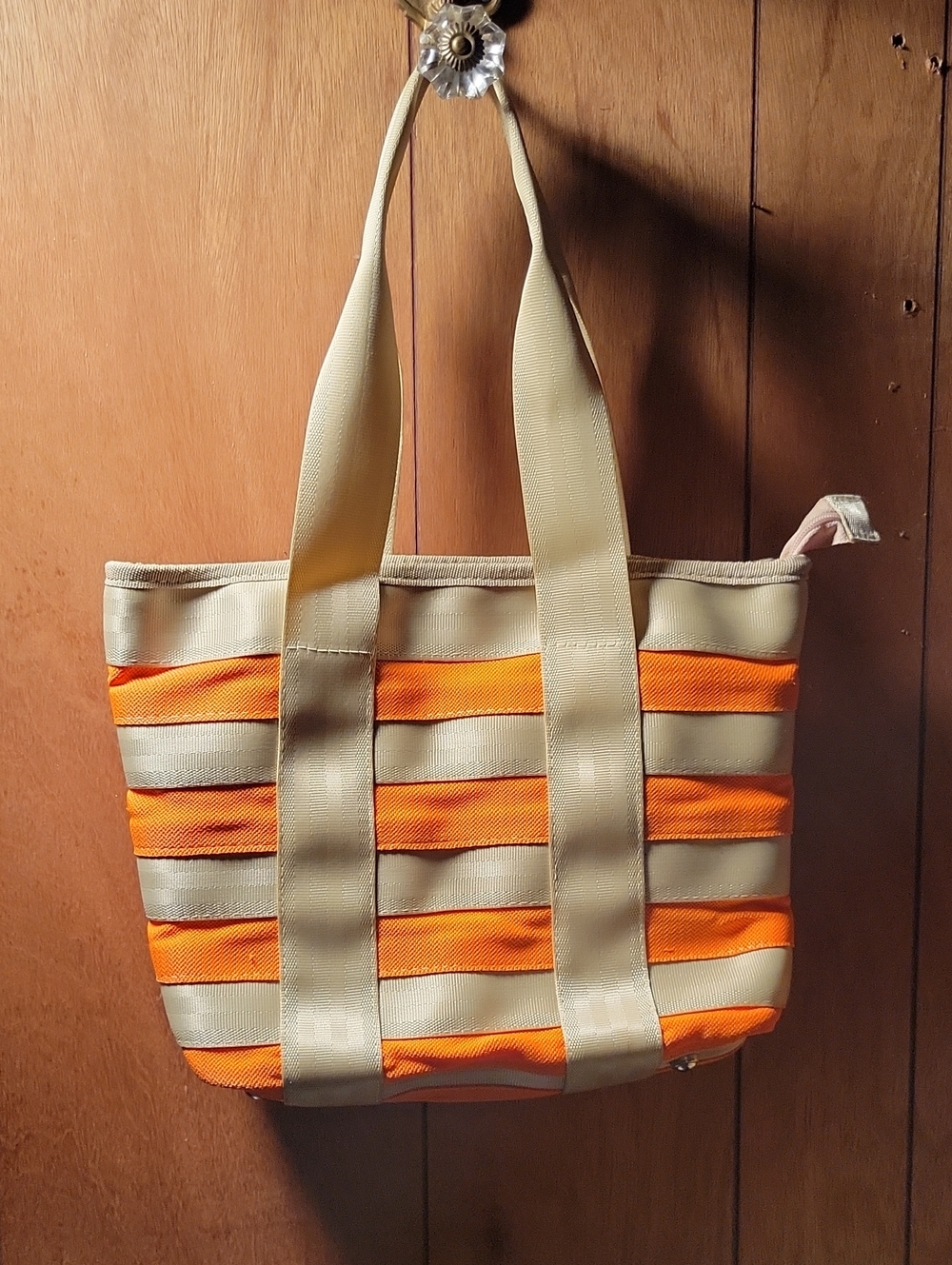 Beige and Orange Seat Belt Striped Tote Bag